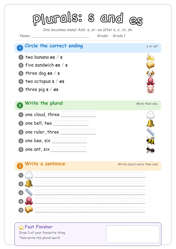 Plurals: s and es β Free Grade 1 Grammar Worksheet (Nature)