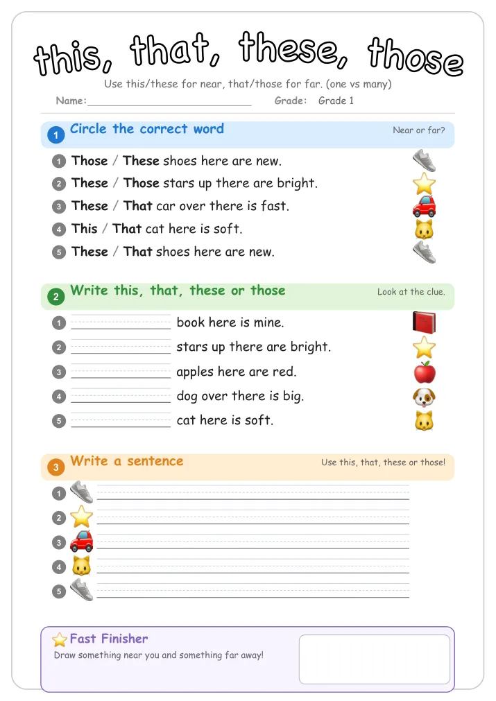 this, that, these, those β Free Grade 1 Grammar Worksheet (Ocean)