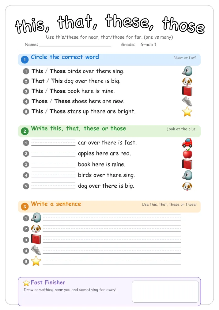 this, that, these, those β Free Grade 1 Grammar Worksheet (Sports)