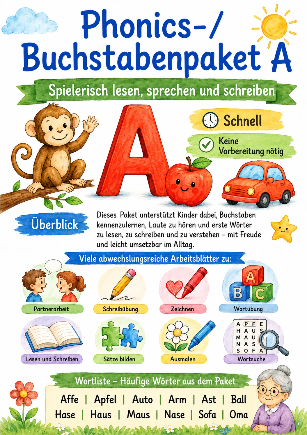 German Letter A Phonics Worksheets Pack
