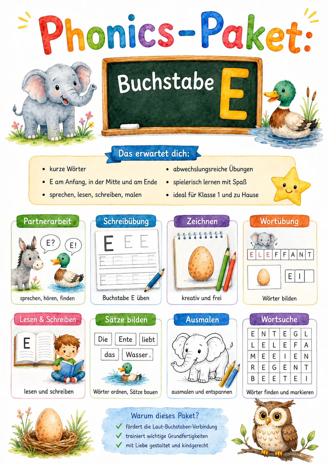 German Letter E Phonics Worksheets Pack