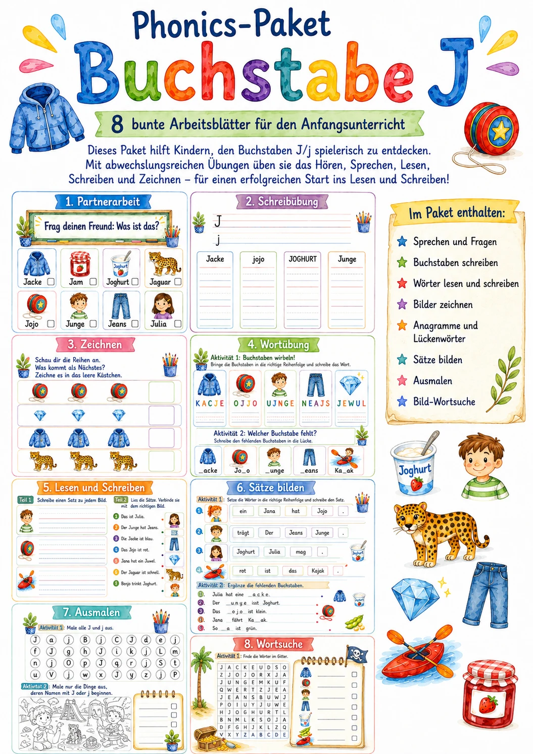 German Letter J Phonics Worksheets Pack