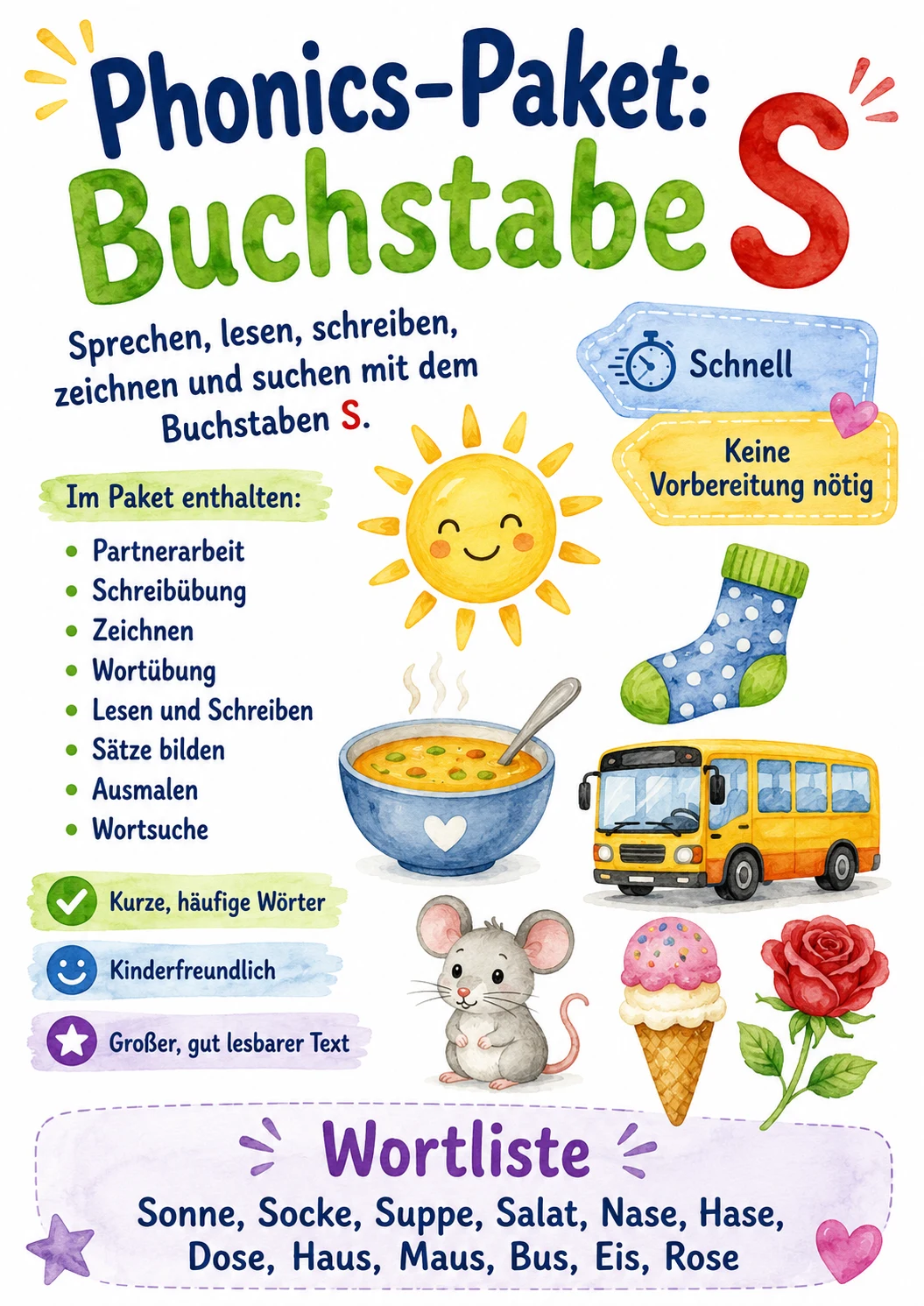 German Letter S Phonics Worksheets Pack