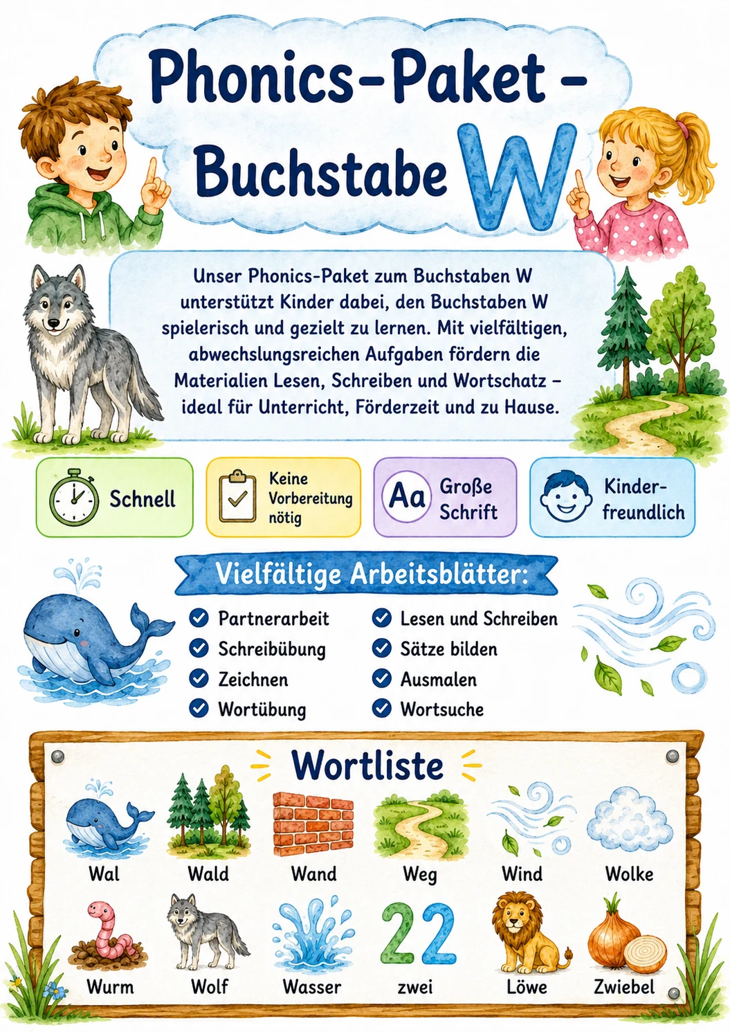 German Letter W Phonics Worksheets Pack