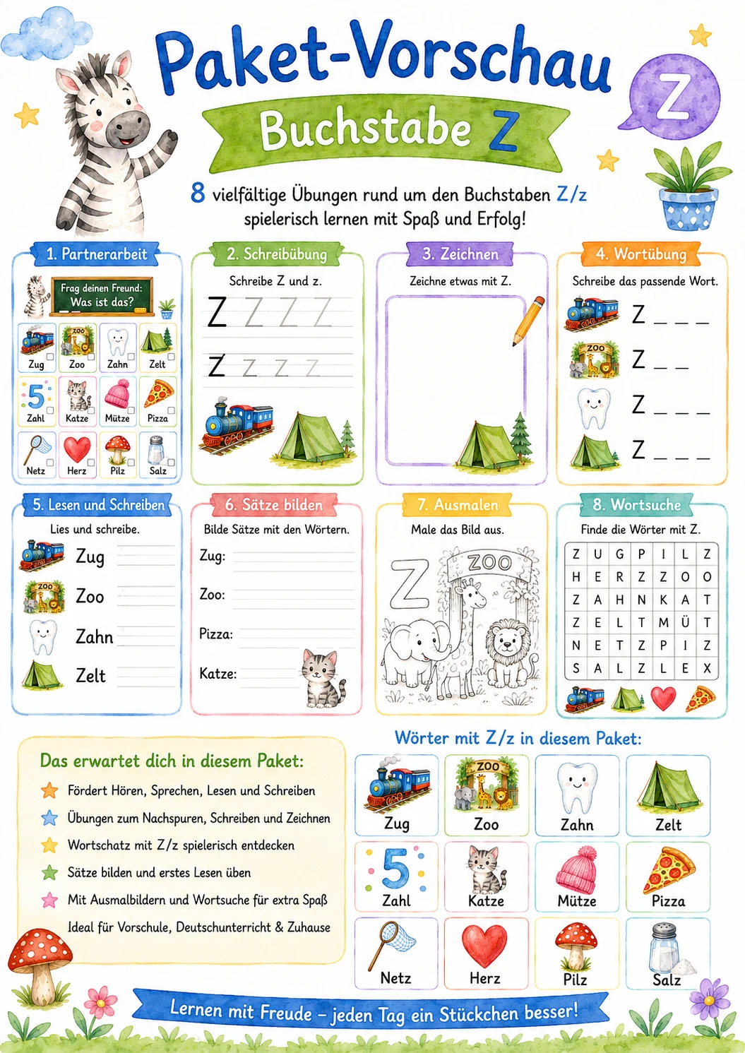 German Letter Z Phonics Worksheets Pack