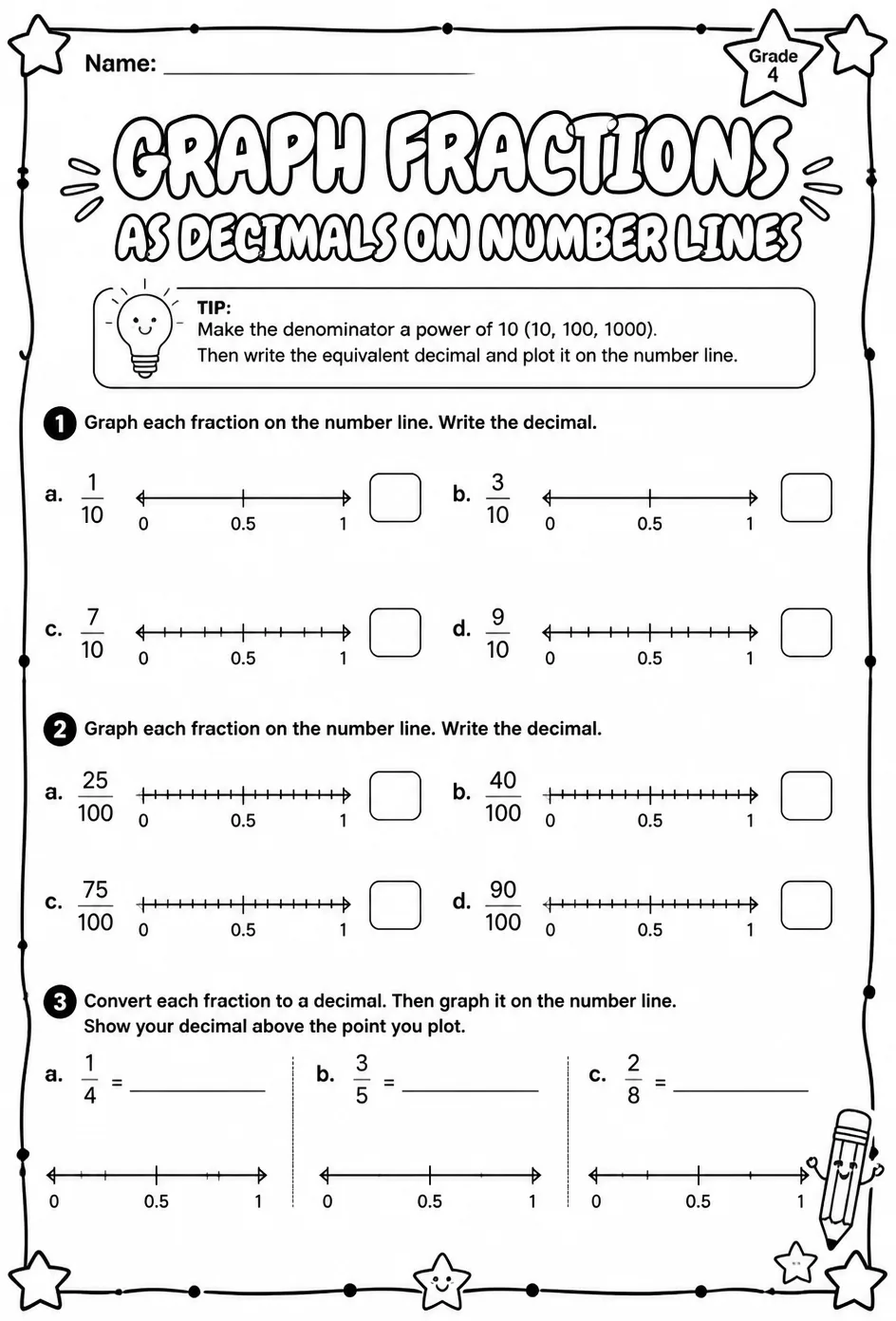 Graph fractions as decimals on number lines