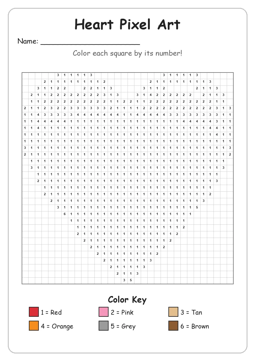 Heart Pixel Art — Color by Number (Grade 2)