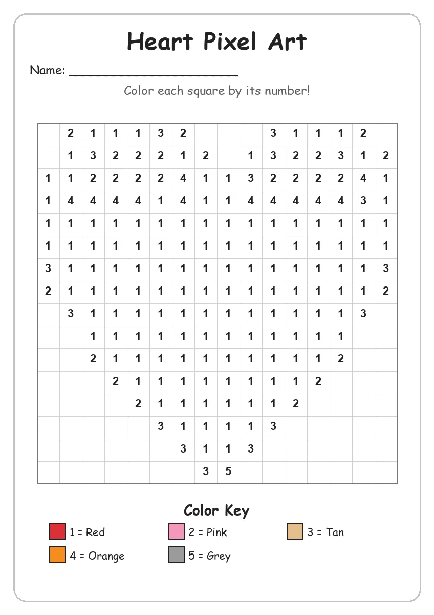 Heart Pixel Art — Color by Number (Kindergarten)