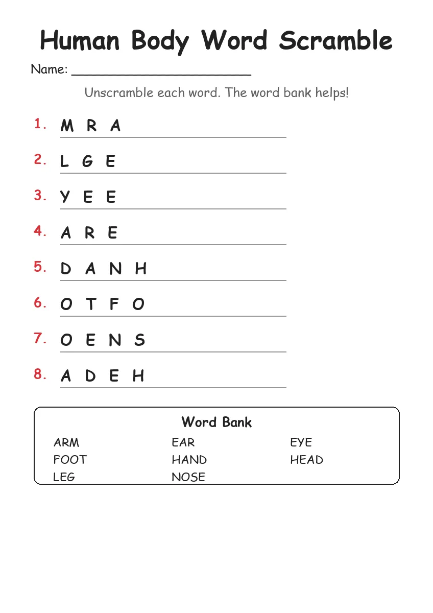 Human Body Word Scramble (Grade 1)