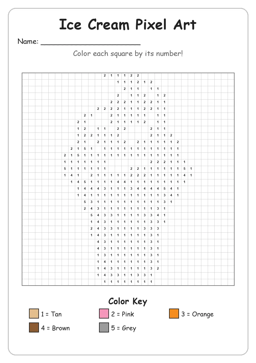 Ice Cream Pixel Art — Color by Number (Grade 2)