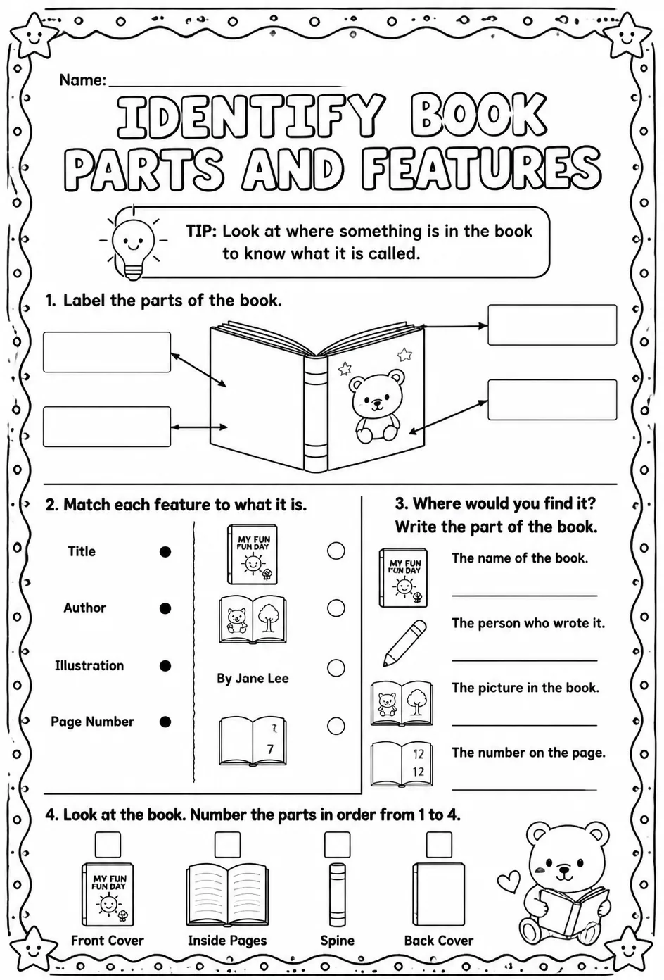 Identify book parts and features