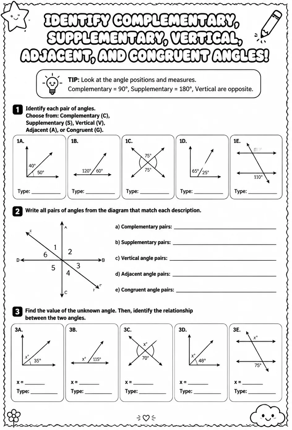 Identify complementary, supplementary, vertical, adjacent, and congruent angles
