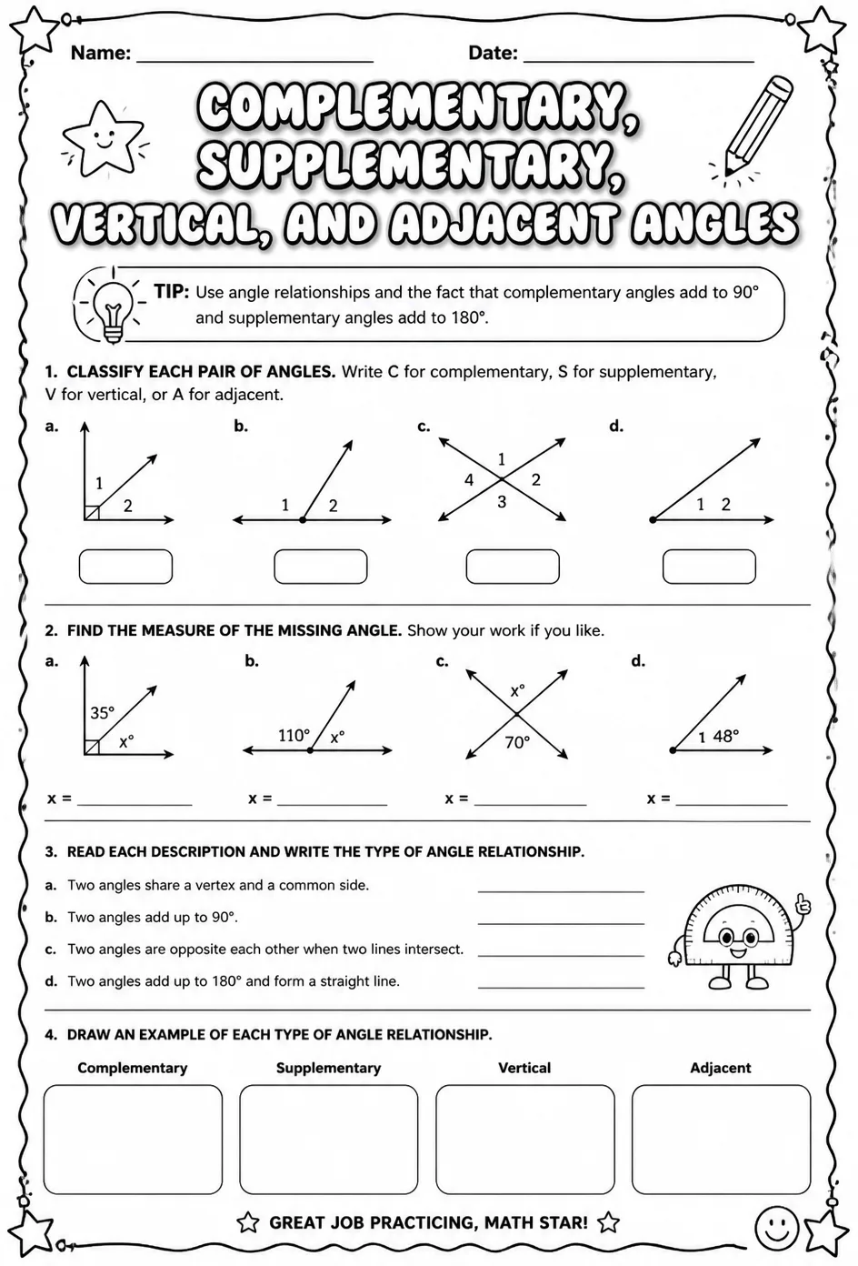 Identify complementary, supplementary, vertical, and adjacent angles