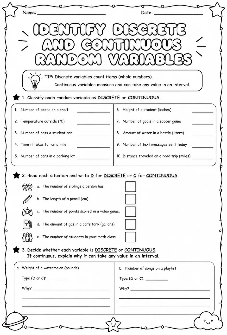 Identify discrete and continuous random variables