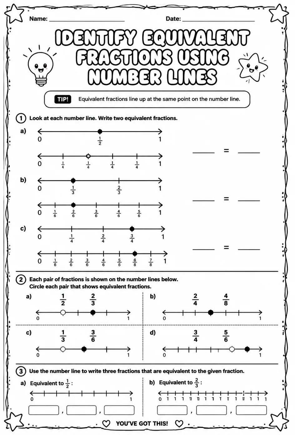 Identify equivalent fractions using number lines