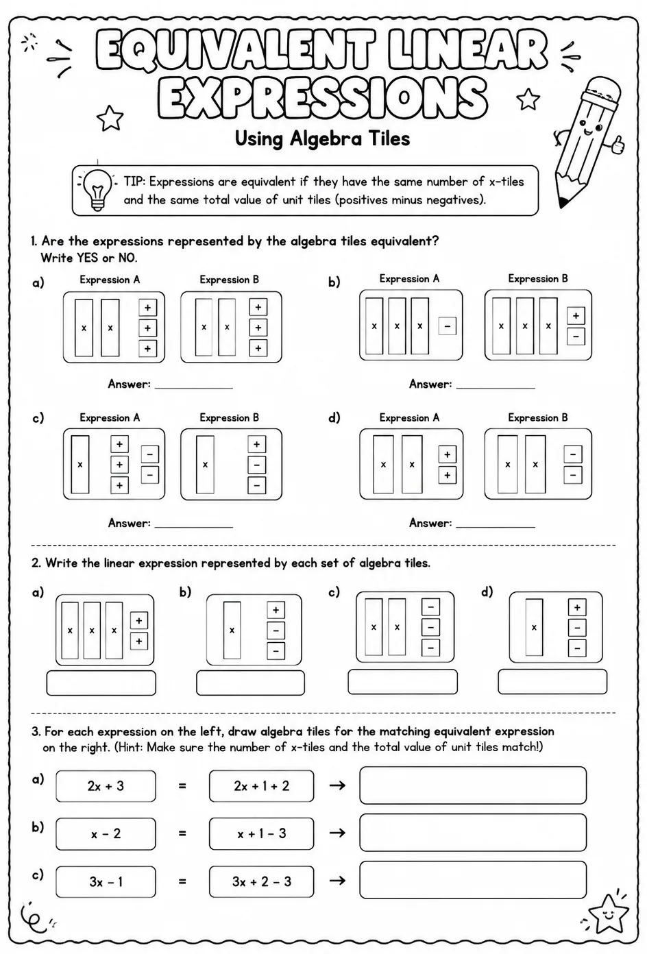 Identify equivalent linear expressions using algebra tiles