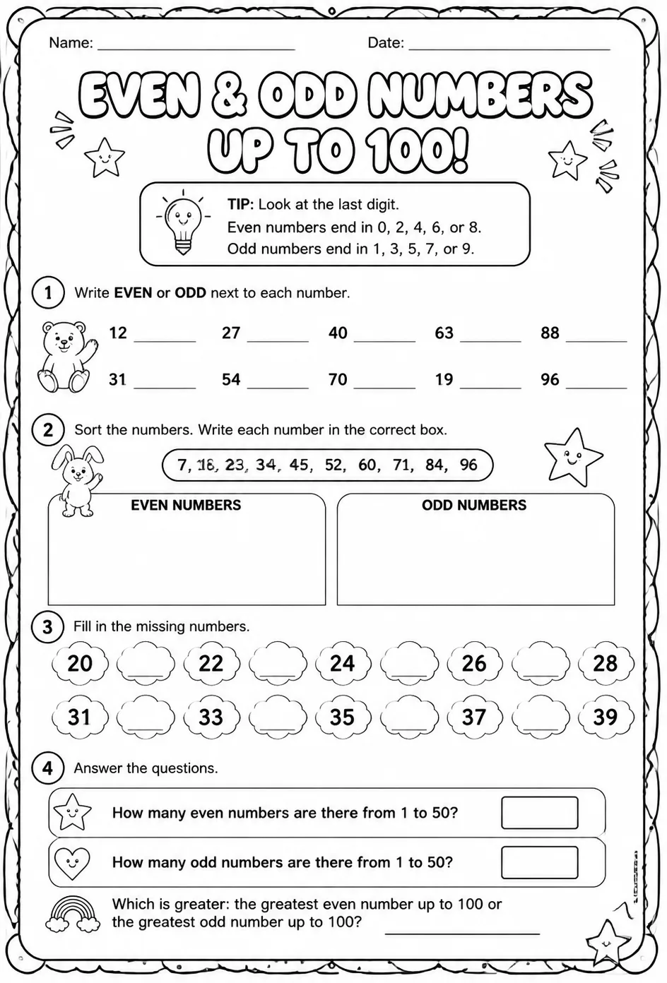Identify even and odd numbers - up to 100