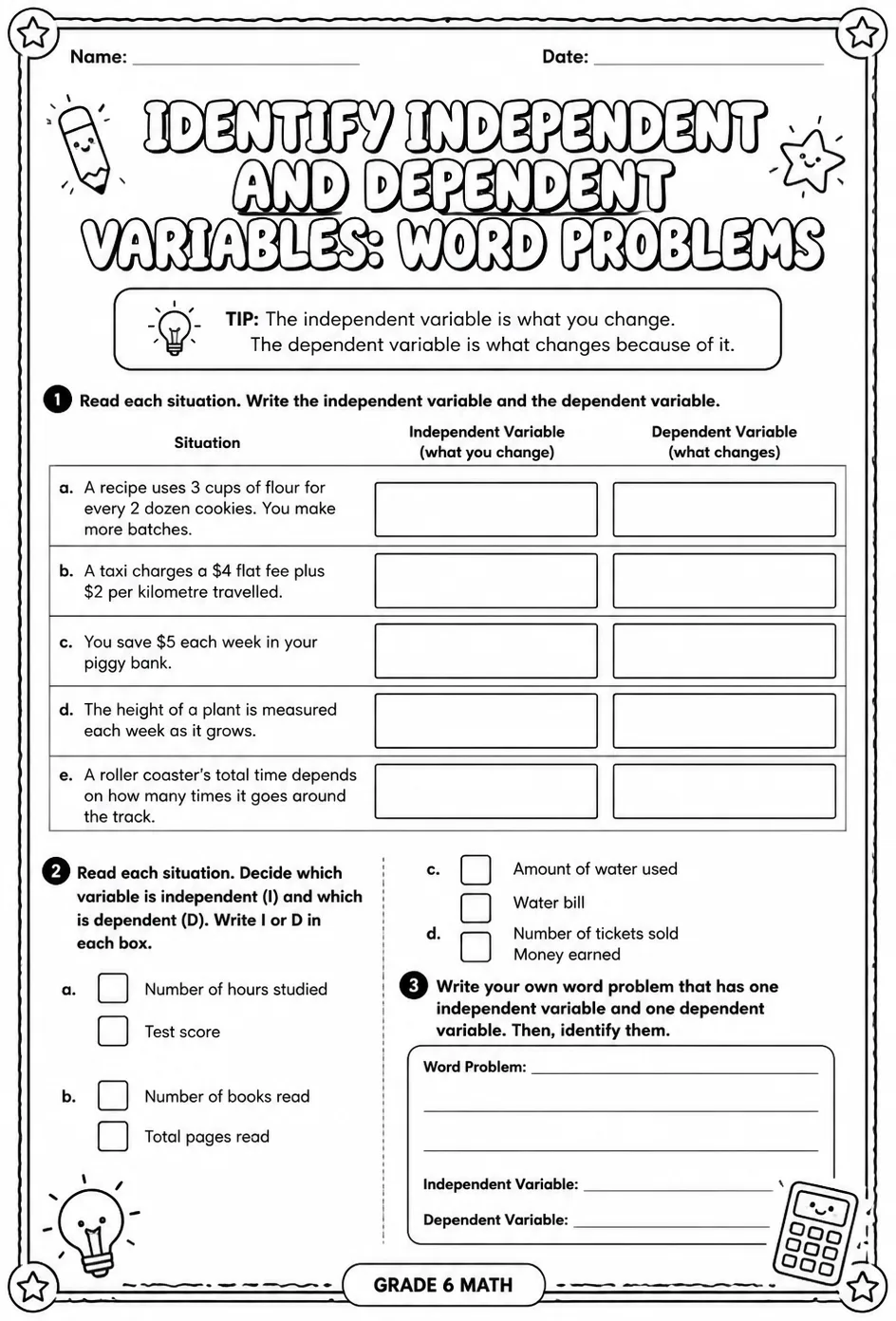 Identify independent and dependent variables: word problems