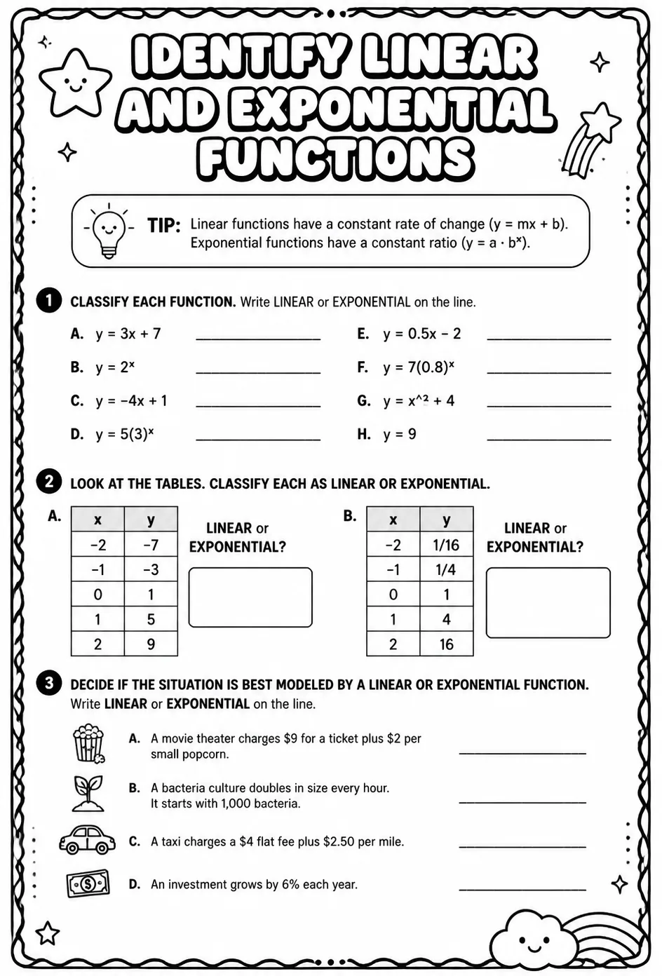 Identify linear and exponential functions