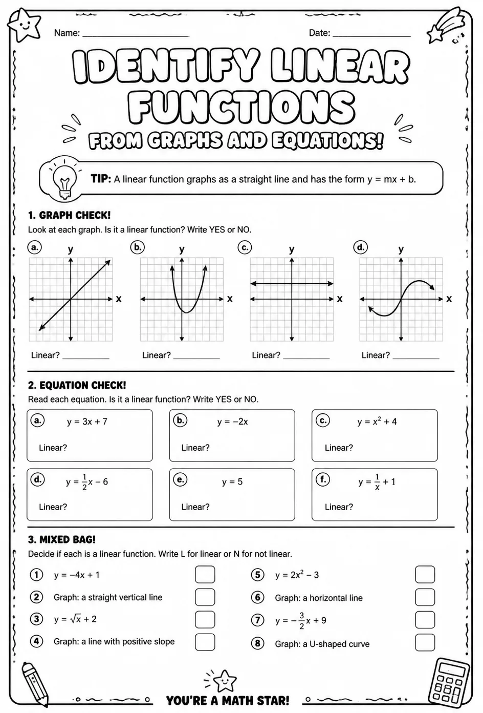 Identify linear functions from graphs and equations