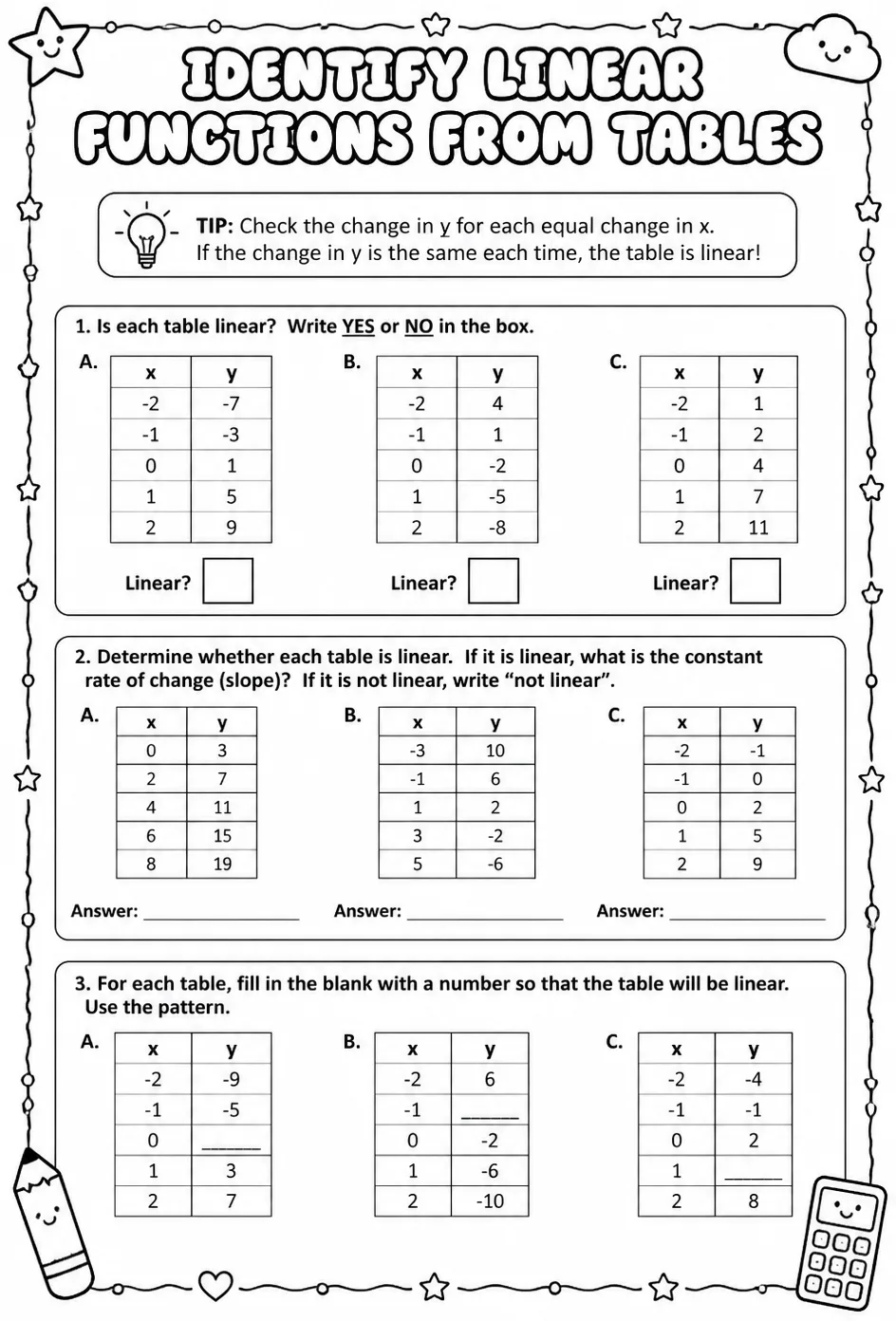 Identify linear functions from tables