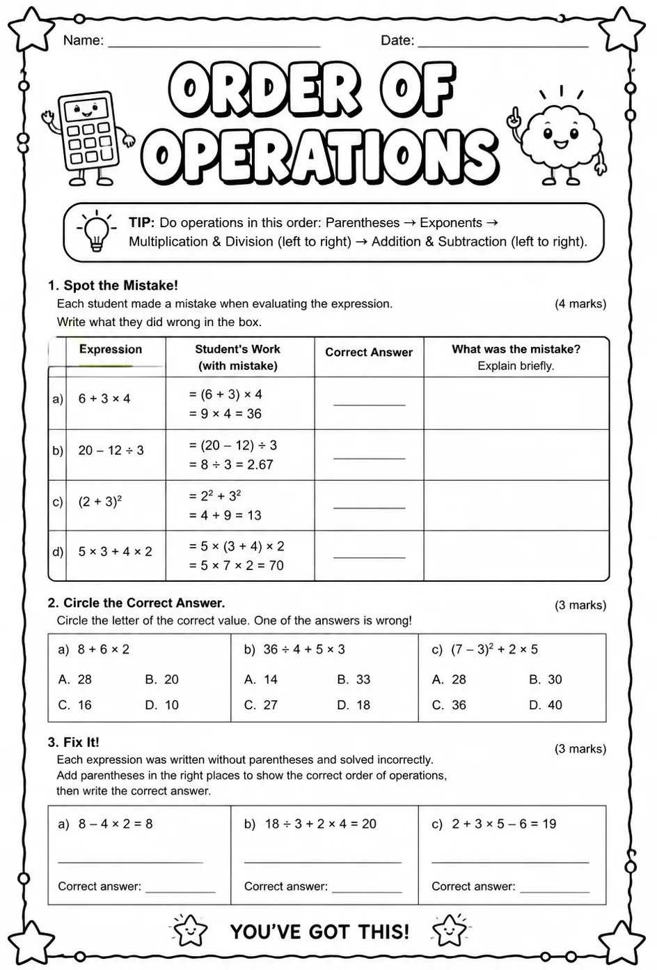 Identify mistakes involving the order of operations