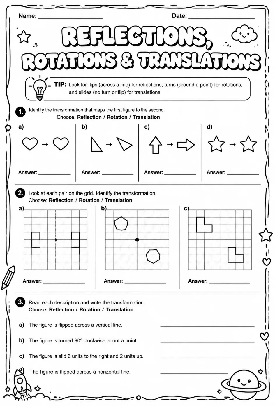 Identify reflections, rotations, and translations