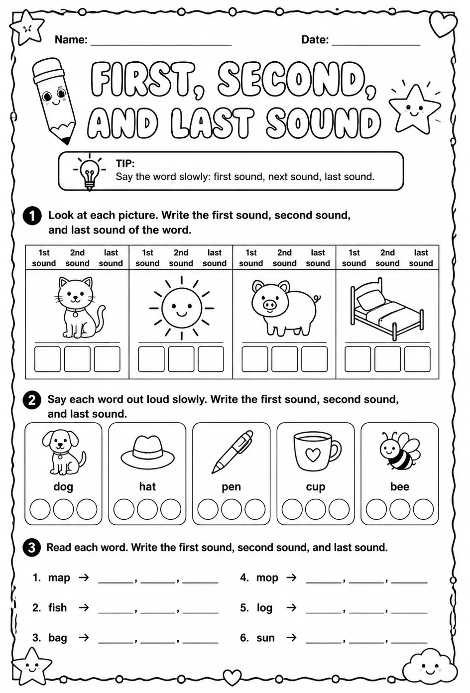 Identify the first, second, and last sound in a word