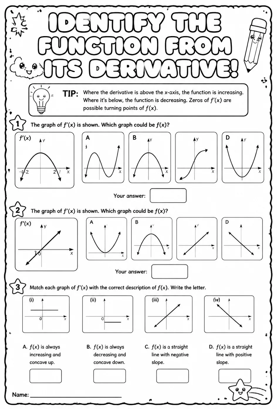 Identify the graph of a function from the graph of its derivative