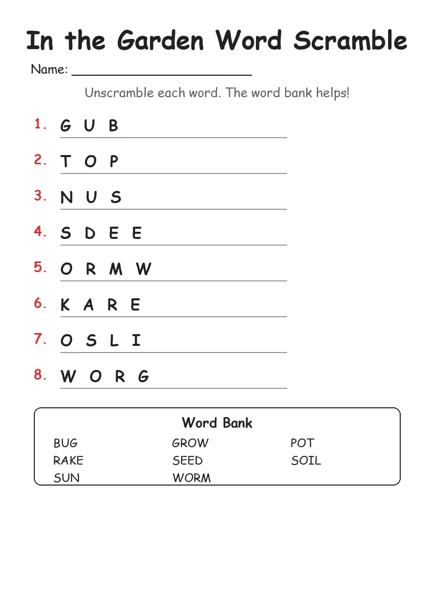 In the Garden Word Scramble (Grade 1)