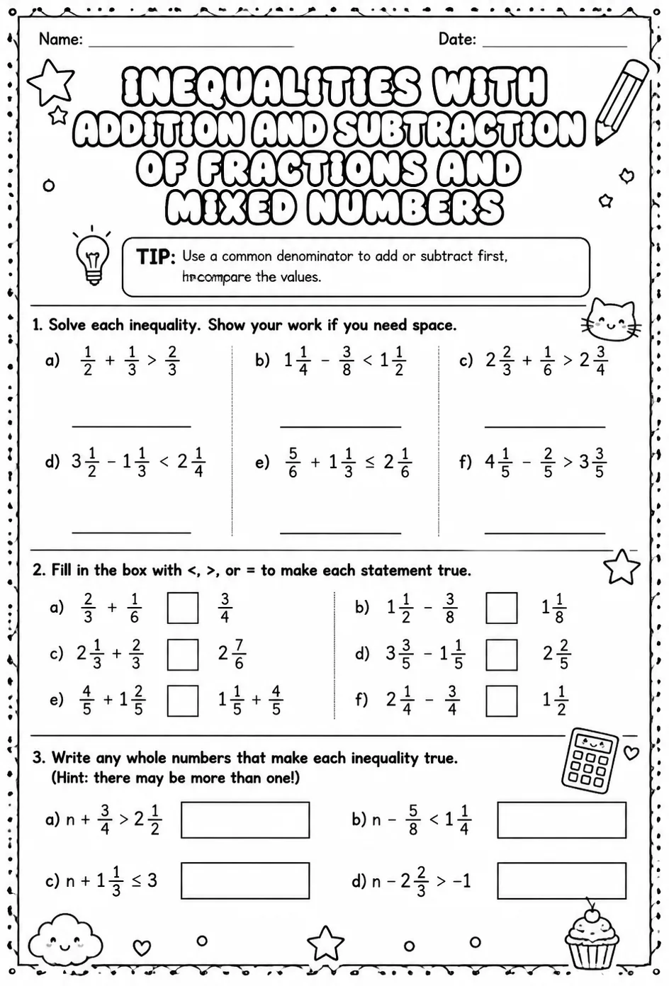 Inequalities with addition and subtraction of fractions and mixed numbers