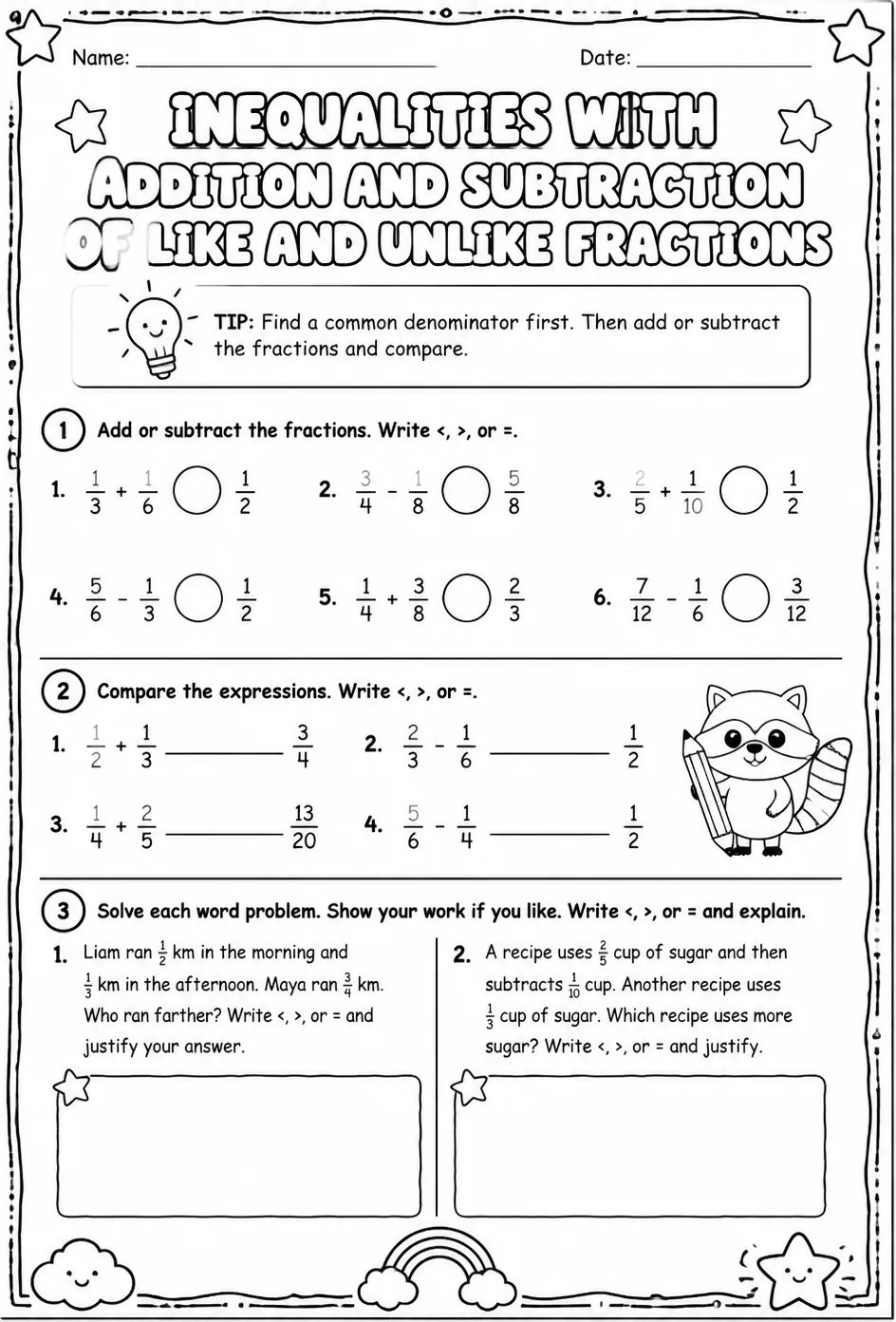 Inequalities with addition and subtraction of like and unlike fractions
