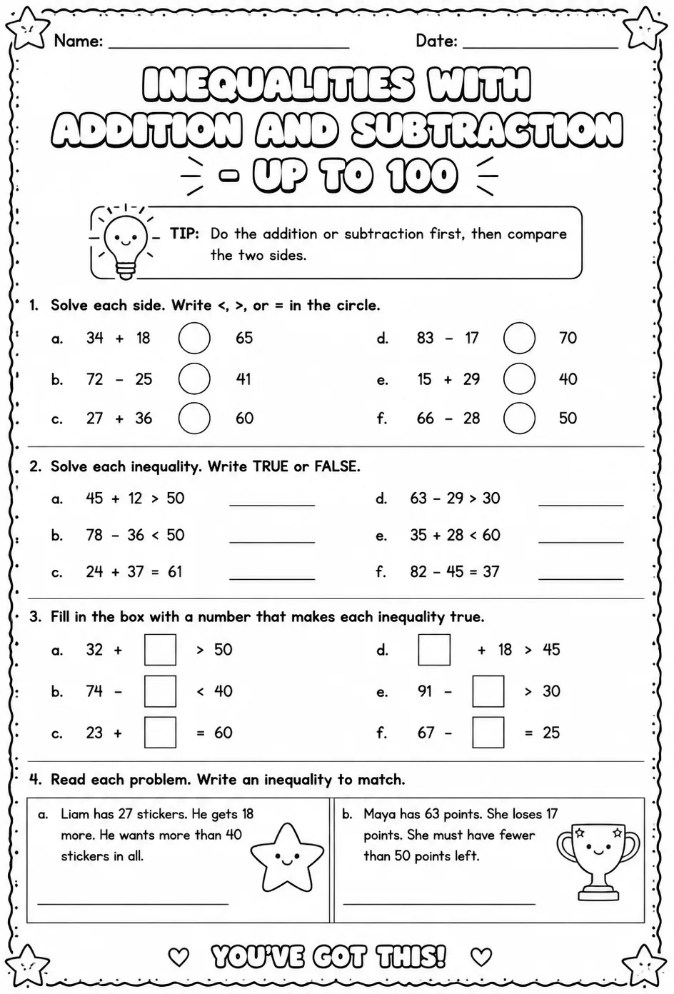 Inequalities with addition and subtraction - up to 100