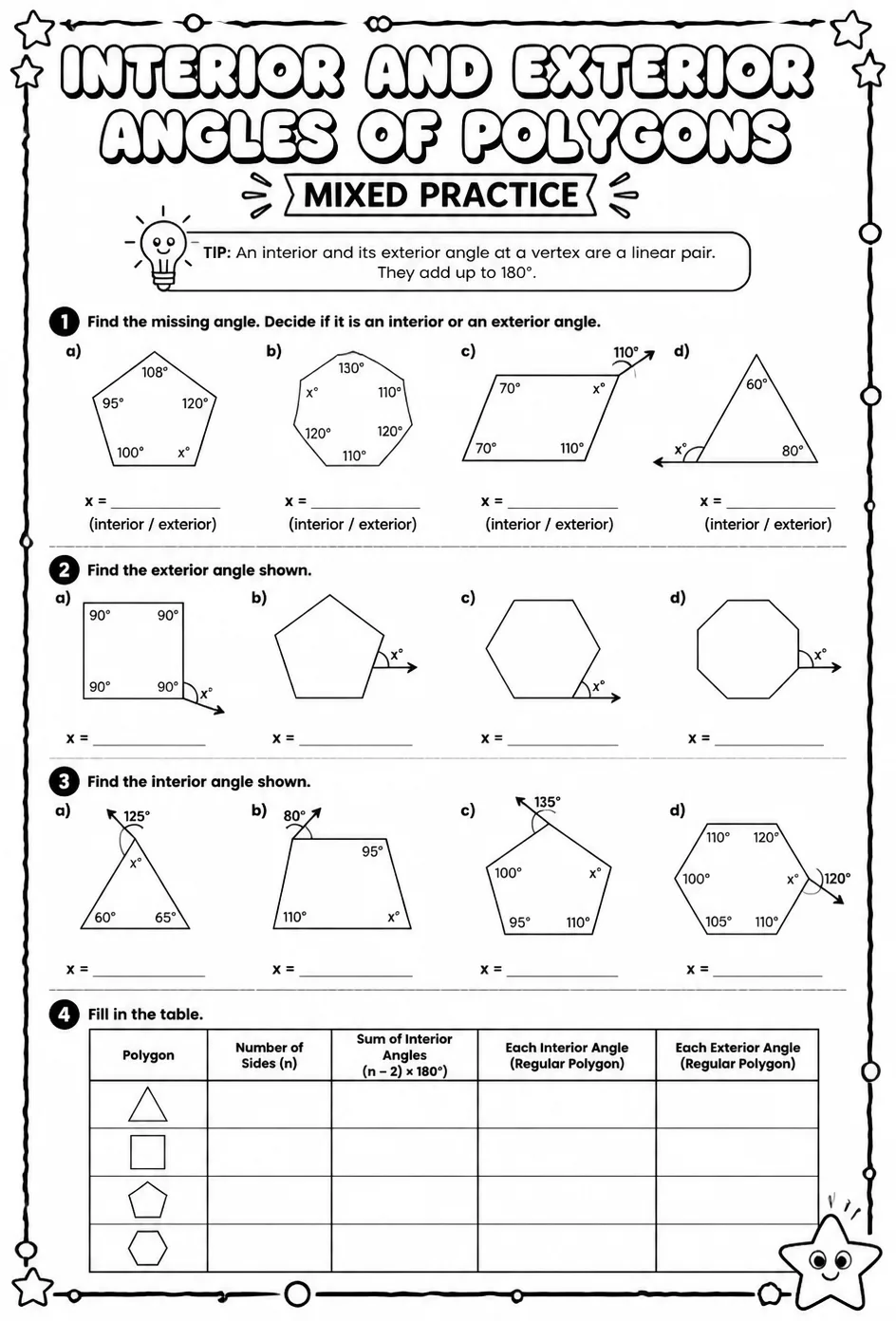 Interior and exterior angles of polygons: mixed practice