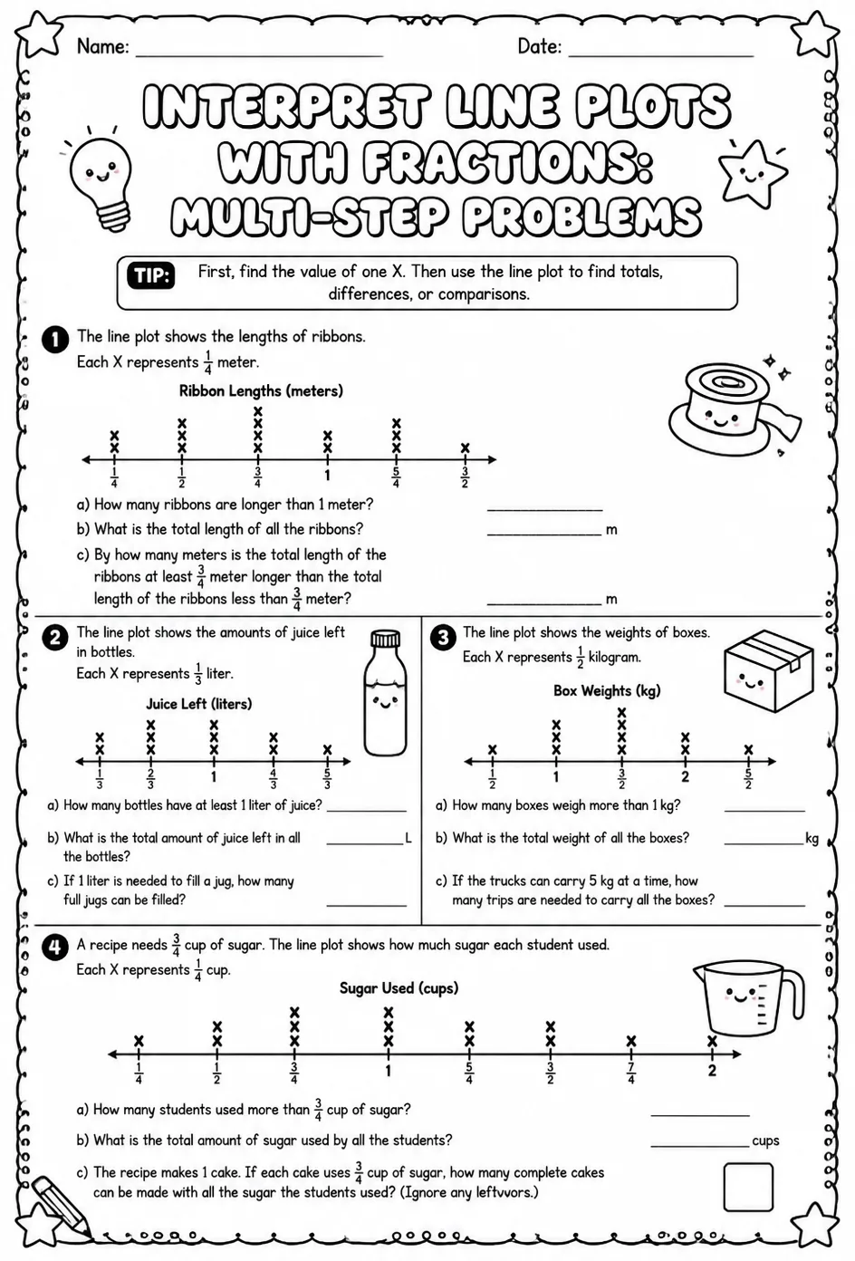 Interpret line plots with fractions: multi-step problems