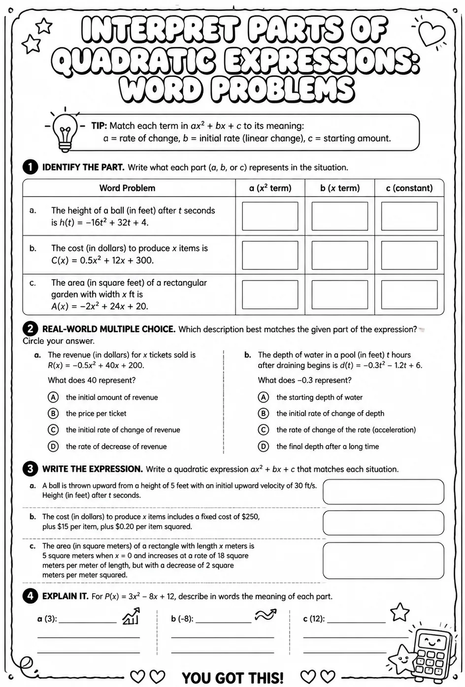 Interpret parts of quadratic expressions: word problems