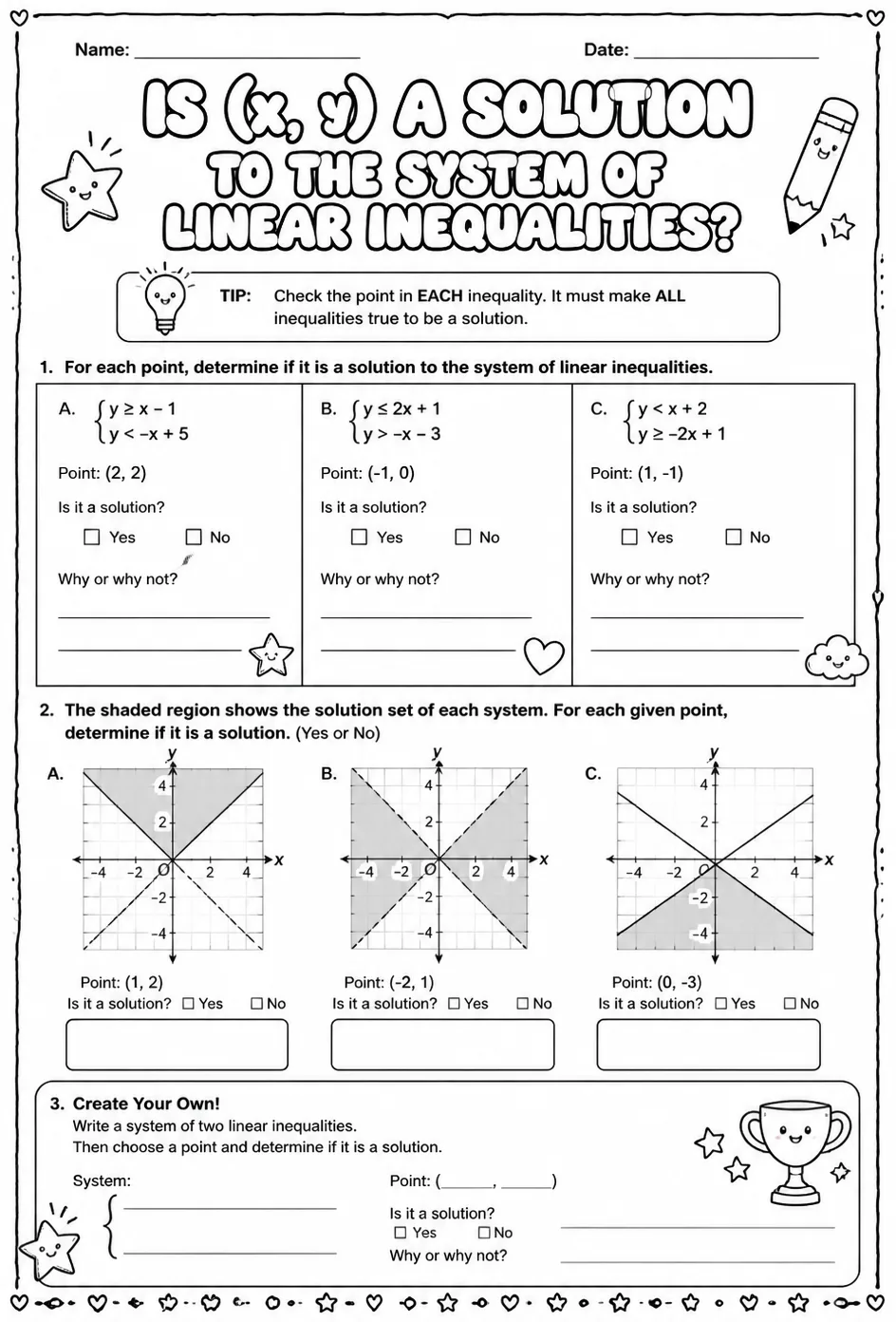 Is (x, y) a solution to the system of linear inequalities?