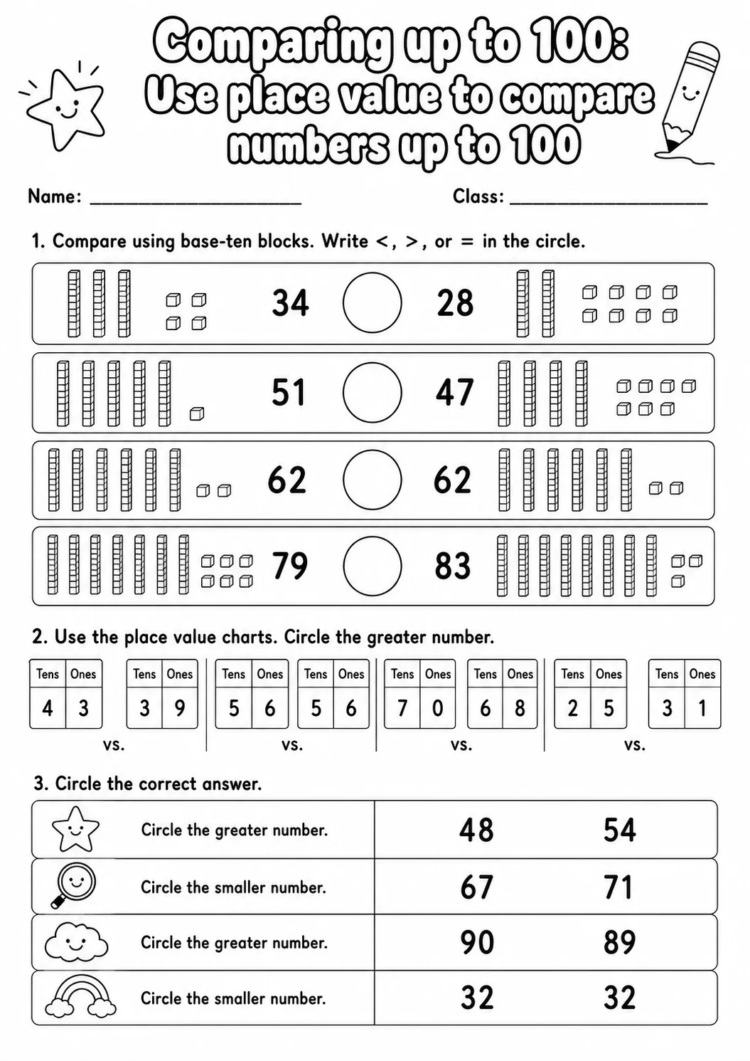 Grade 1 Comparing Up To 100 Math Worksheet Pack
