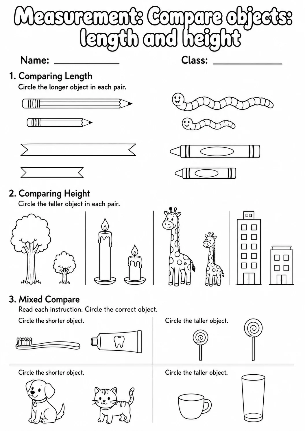 Grade 1 Measurement Math Worksheet Pack