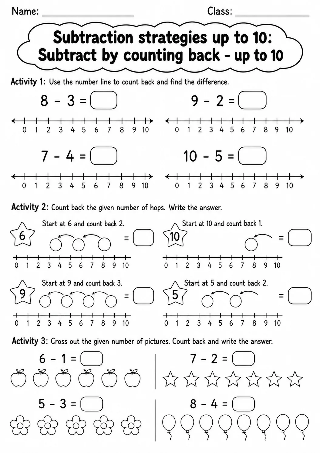 Grade 1 Subtraction Strategies up to 10 Math Worksheet Pack