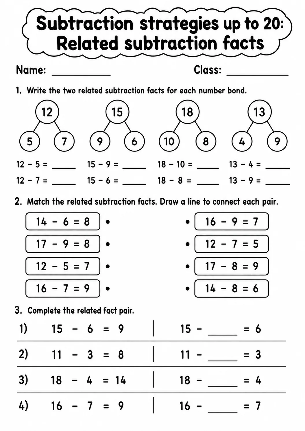 Grade 1 Subtraction Strategies up to 20 Math Worksheet Pack