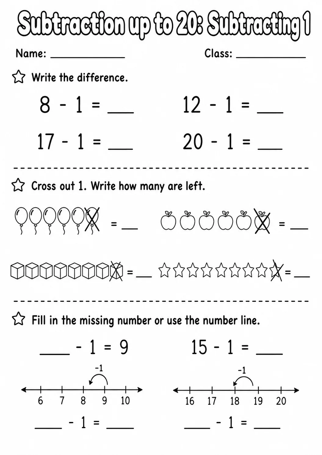 Grade 1 Subtraction up to 20 Math Worksheet Pack