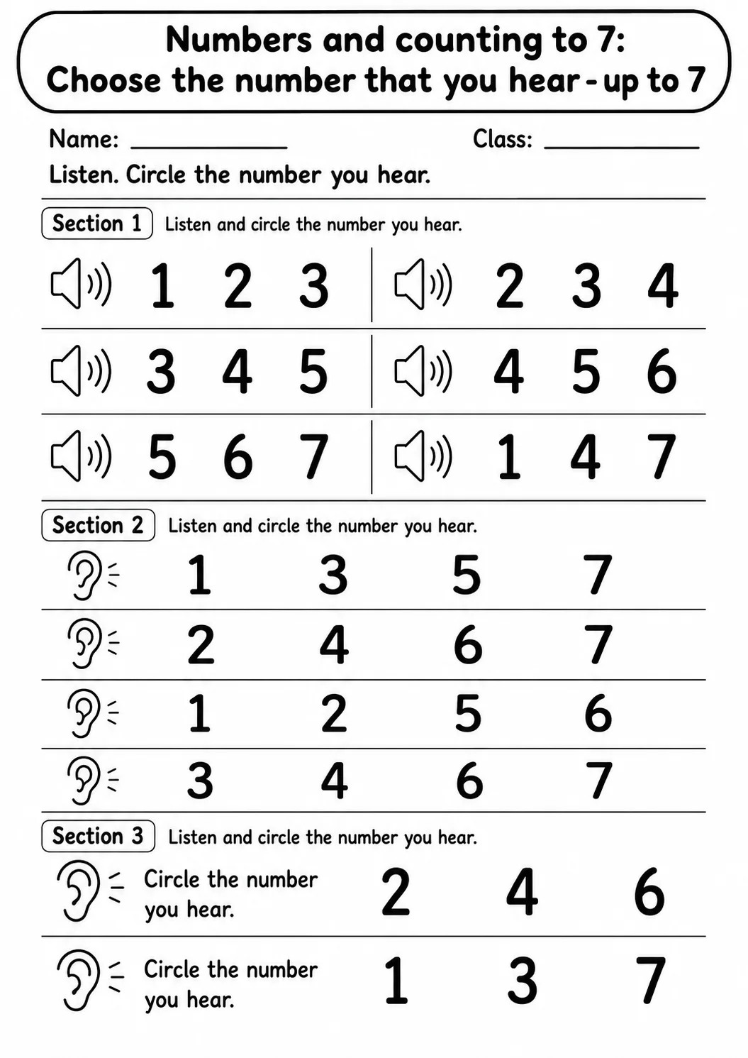 Kindergarten Numbers and Counting to 7 Math Worksheet Pack