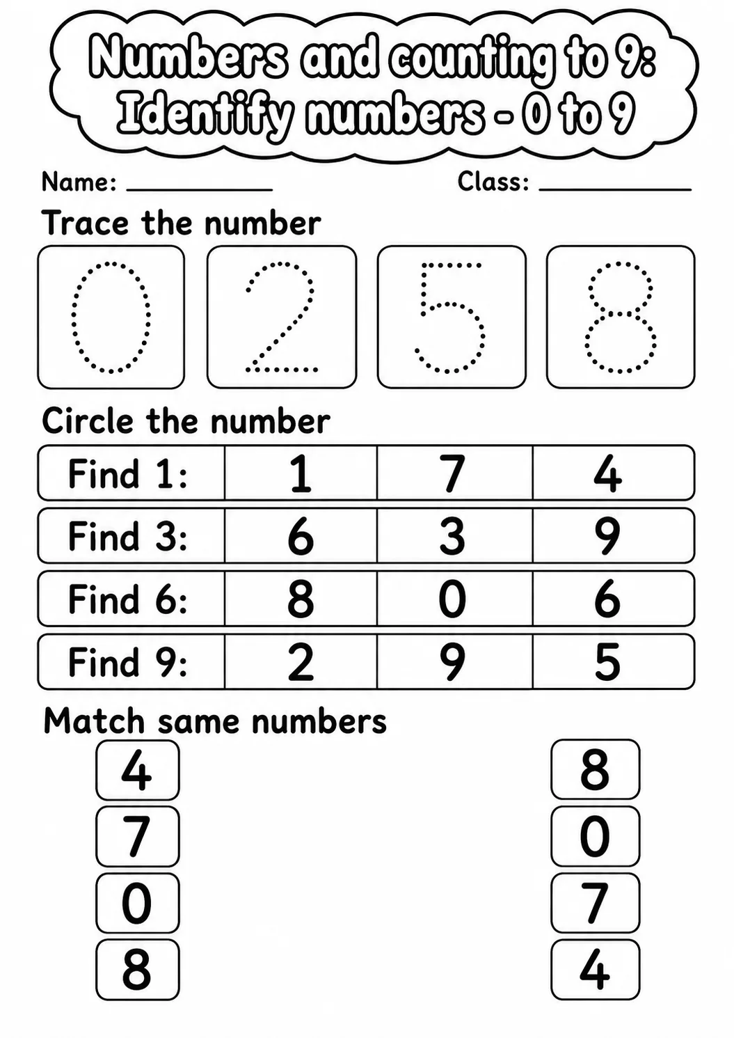 Kindergarten Numbers and Counting to 9 Math Worksheet Pack