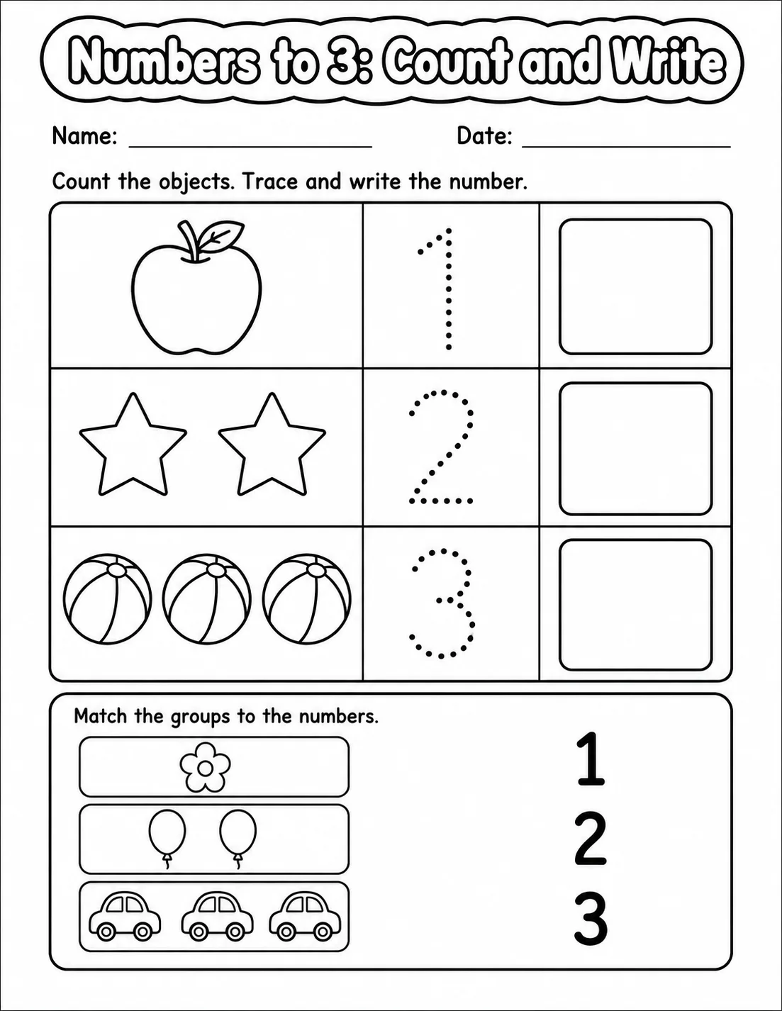 Kindergarten Numbers to 3 Math Worksheet Pack