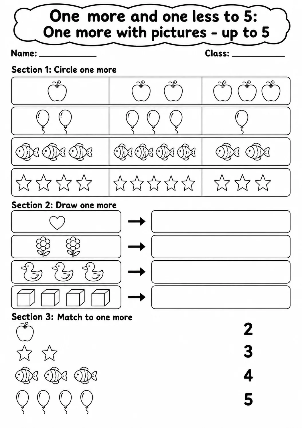 Kindergarten One More and One Less to 5 Math Worksheet Pack