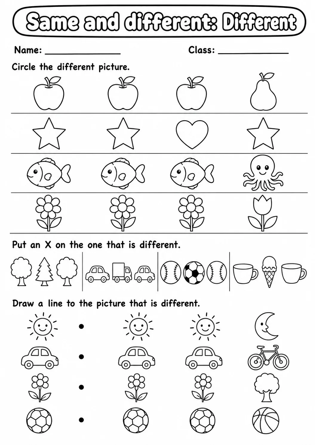 Kindergarten Same and Different Math Worksheet Pack