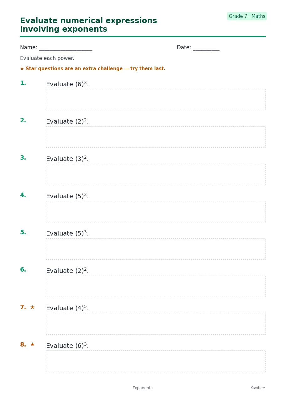 Evaluate numerical expressions involving exponents