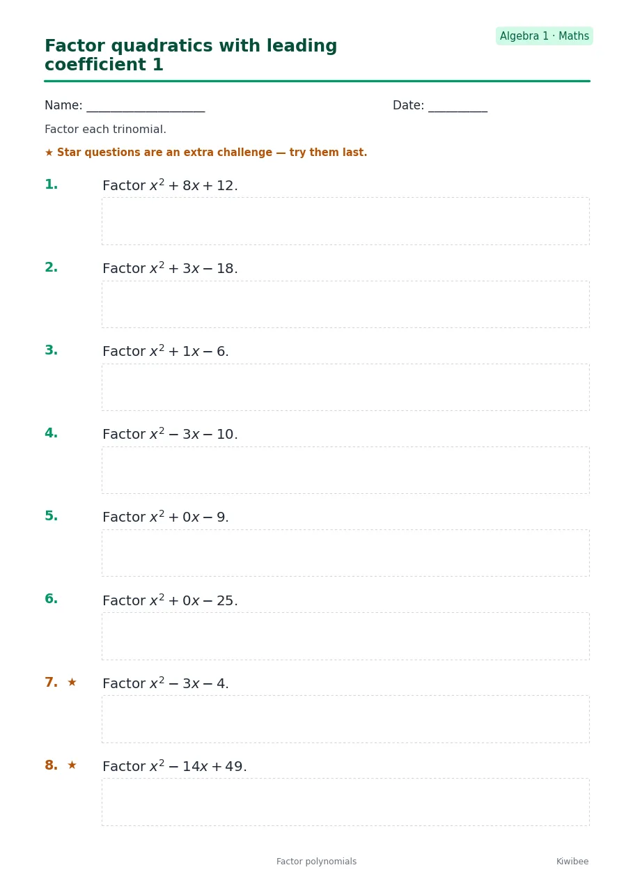 Factor quadratics with leading coefficient 1