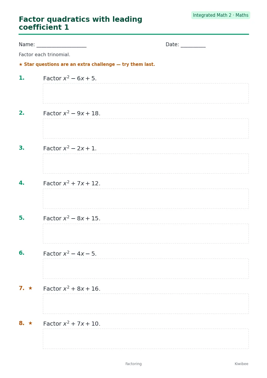 Factor quadratics with leading coefficient 1